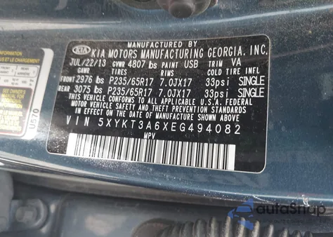 2014 Kia Sorento Lx z USA, uszkodzony, nr VIN 5XYKT3A6XEG494082